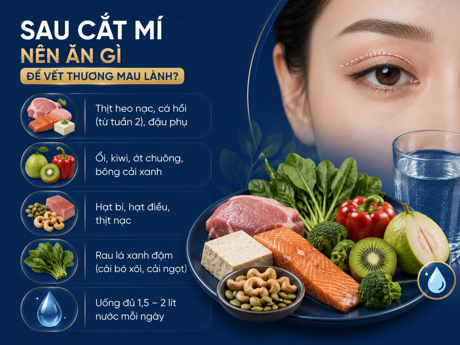 Chế độ dinh dưỡng giàu protein, vitamin C, kẽm và rau xanh giúp hỗ trợ tái tạo mô, giảm sưng nề và thúc đẩy vết thương sau cắt mí hồi phục nhanh hơn.