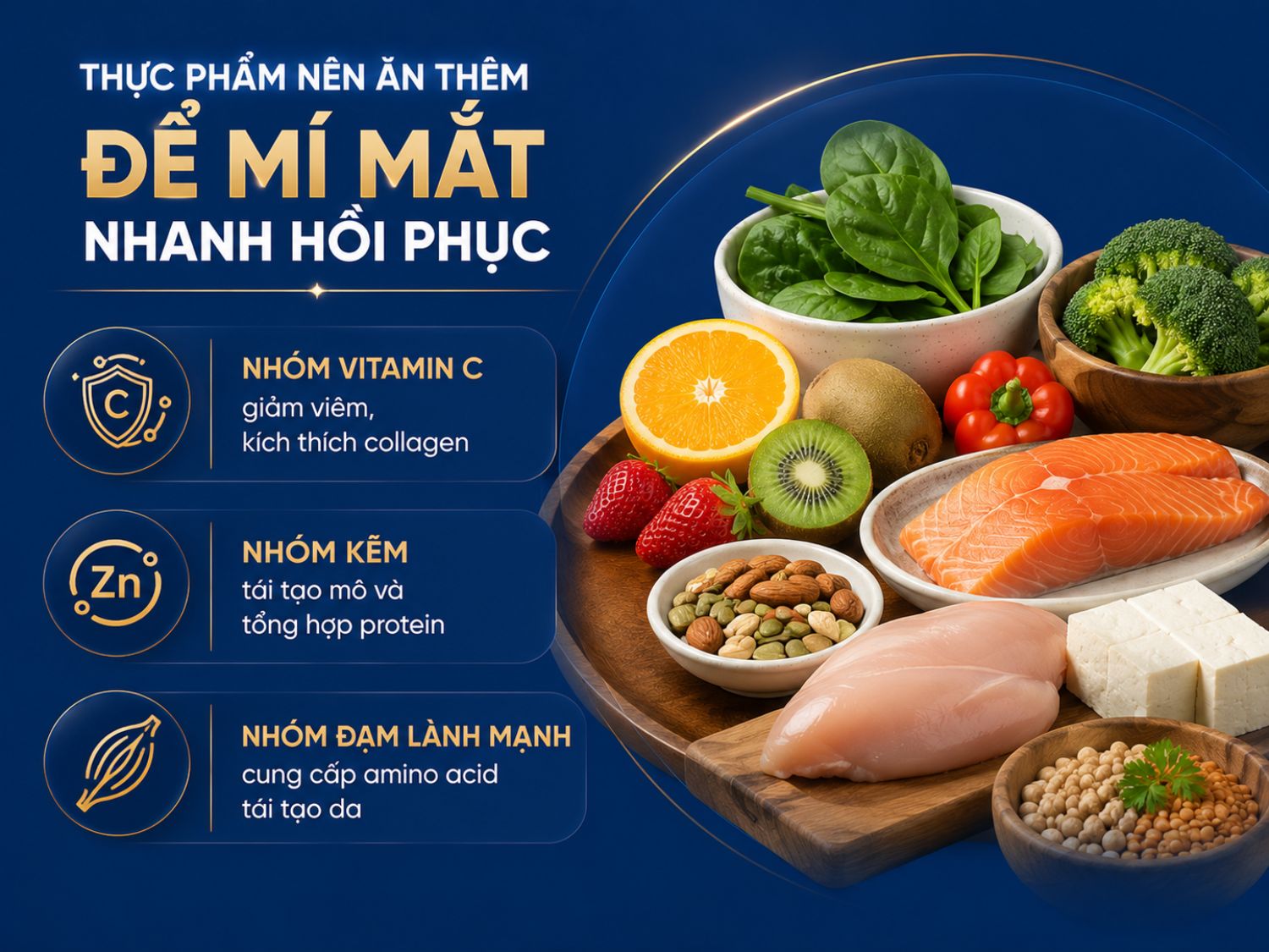 Bổ sung vitamin C, kẽm và protein chất lượng cao giúp giảm viêm, thúc đẩy tổng hợp collagen và hỗ trợ tái tạo mô, từ đó giúp vùng mí mắt phục hồi nhanh và ổn định hơn sau phẫu thuật.