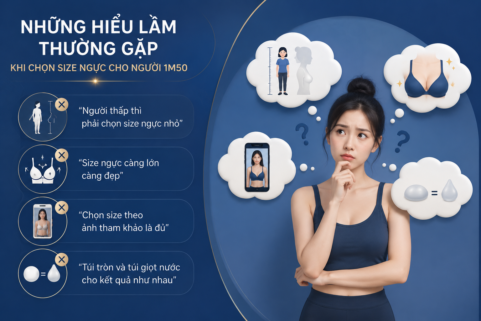ảnh mô tả các hiểu lầm khi chọn size ngực, Nhiều người cho rằng nữ cao 1m50 chỉ nên nâng ngực size nhỏ để tránh mất cân đối