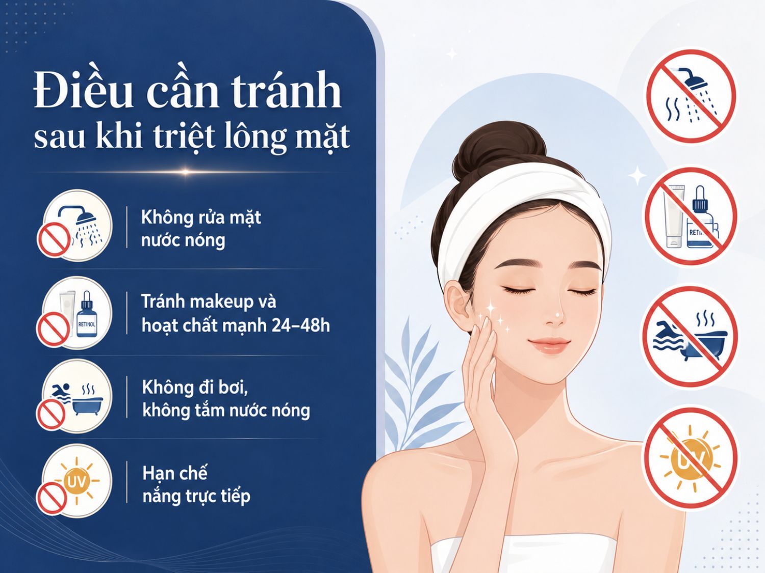 Chăm sóc đúng sau triệt lông mặt giúp da phục hồi nhanh hơn, giảm nguy cơ đỏ rát, khô căng hoặc kích ứng. Hãy ưu tiên làm dịu da và che chắn kỹ khi ra ngoài.