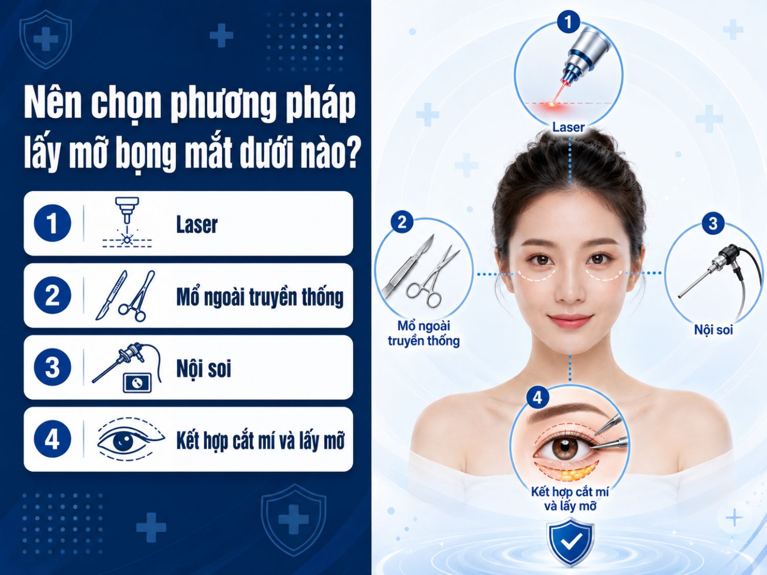 Nên chọn phương pháp lấy mỡ bọng mắt dưới nào với 4 lựa chọn phổ biến gồm laser, mổ ngoài truyền thống, nội soi và kết hợp cắt mí lấy mỡ.
