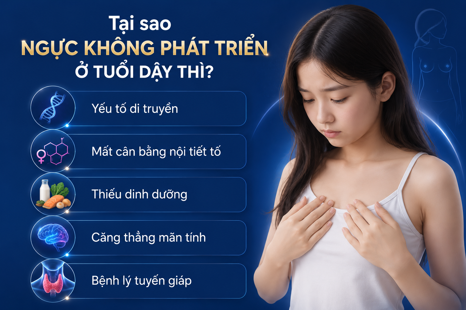 ảnh mô tả các nguyên nhân ngực không phát triển tuổi dậy thì gồm nội tiết, dinh dưỡng, tâm lý và sức khỏe tổng thể