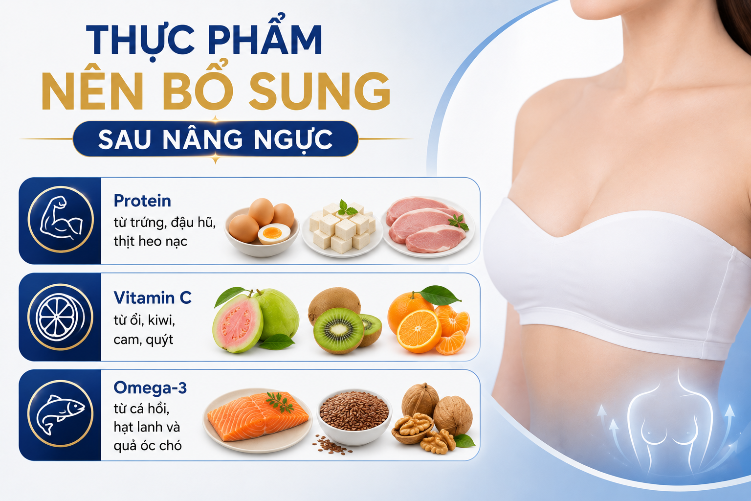 ảnh mô tả các thực phẩm nên bổ sung sau nâng ngực gồm protein, vitamin C, omega3