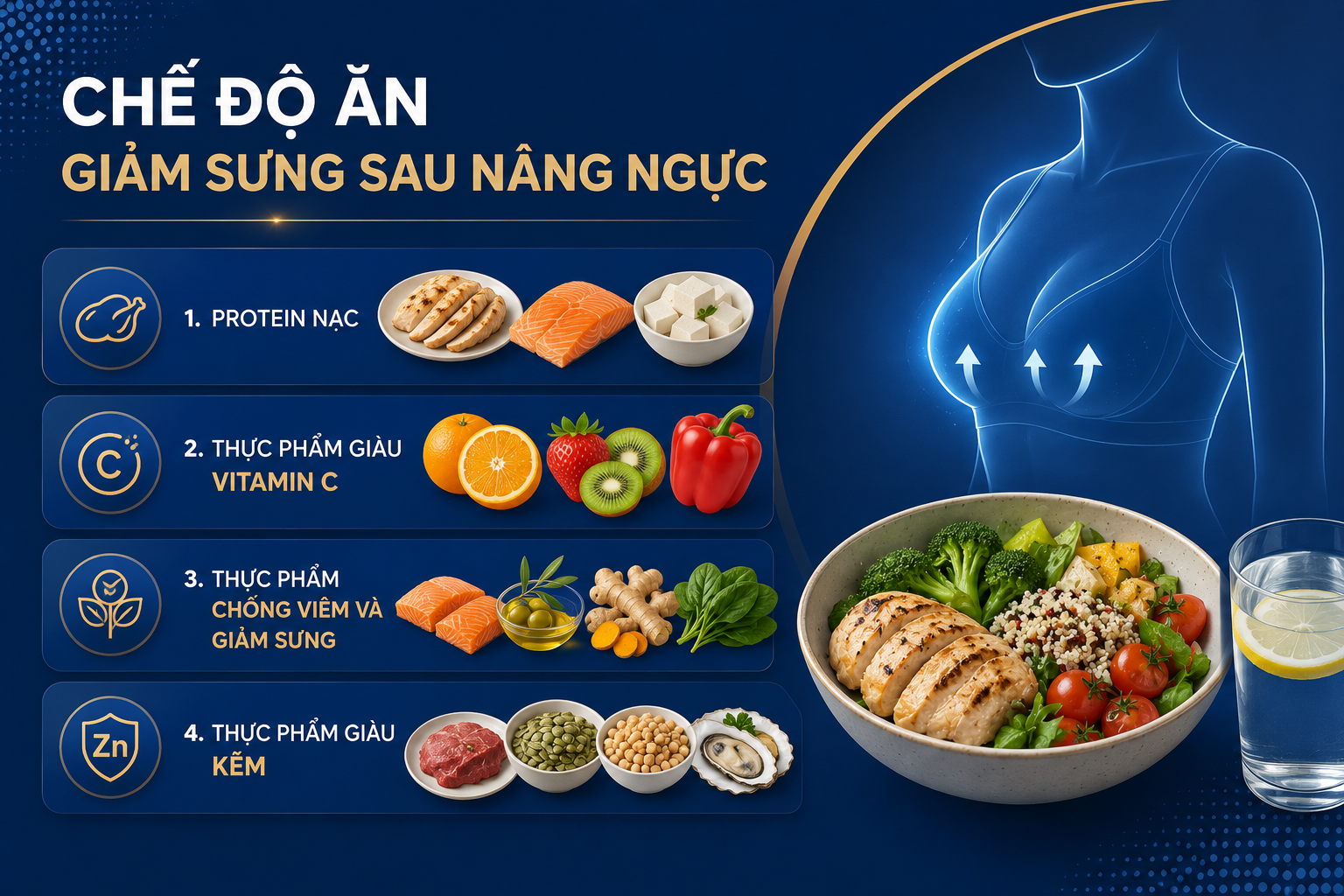 ảnh mô tế chế độ ăn giúp giảm sưng sau nâng ngực gồm protain nạc, thực phẩm chứa vitamin C, thực phẩm chống viêm, giàu kẽm