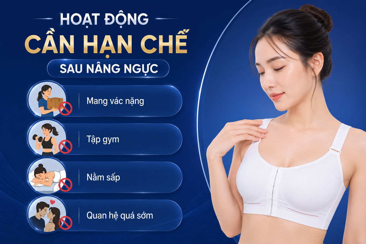 ảnh mô tả các Hoạt động cần hạn chế sau nâng ngực gồm mang vác vật nặng, tập gym, nằm sấp, quan hệ