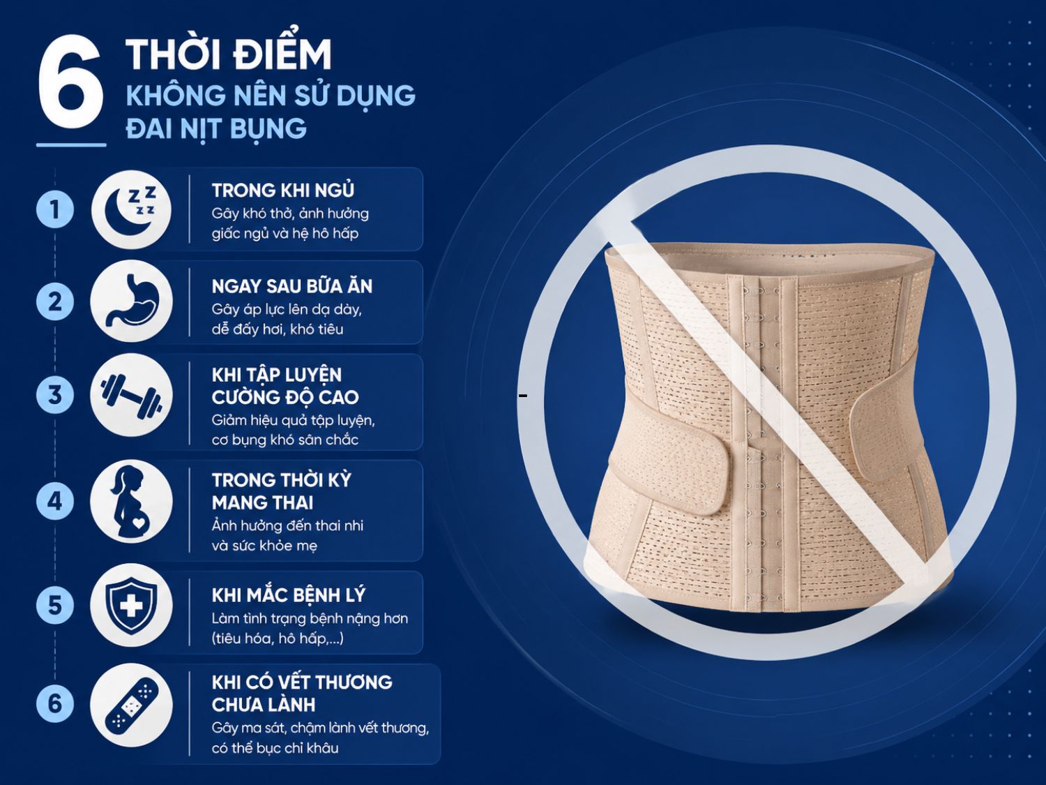 Đai nịt bụng không nên sử dụng trong một số thời điểm đặc biệt vì có thể ảnh hưởng đến hô hấp, tiêu hóa và quá trình hồi phục của cơ thể. Dùng đúng thời điểm sẽ giúp đảm bảo hiệu quả và an toàn hơn.