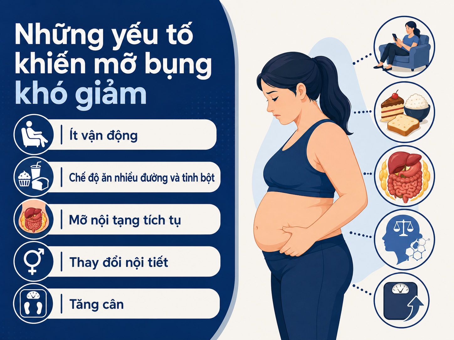 ảnh mô tả Những yếu tố có thể khiến mỡ bụng khó giảm gồm:
