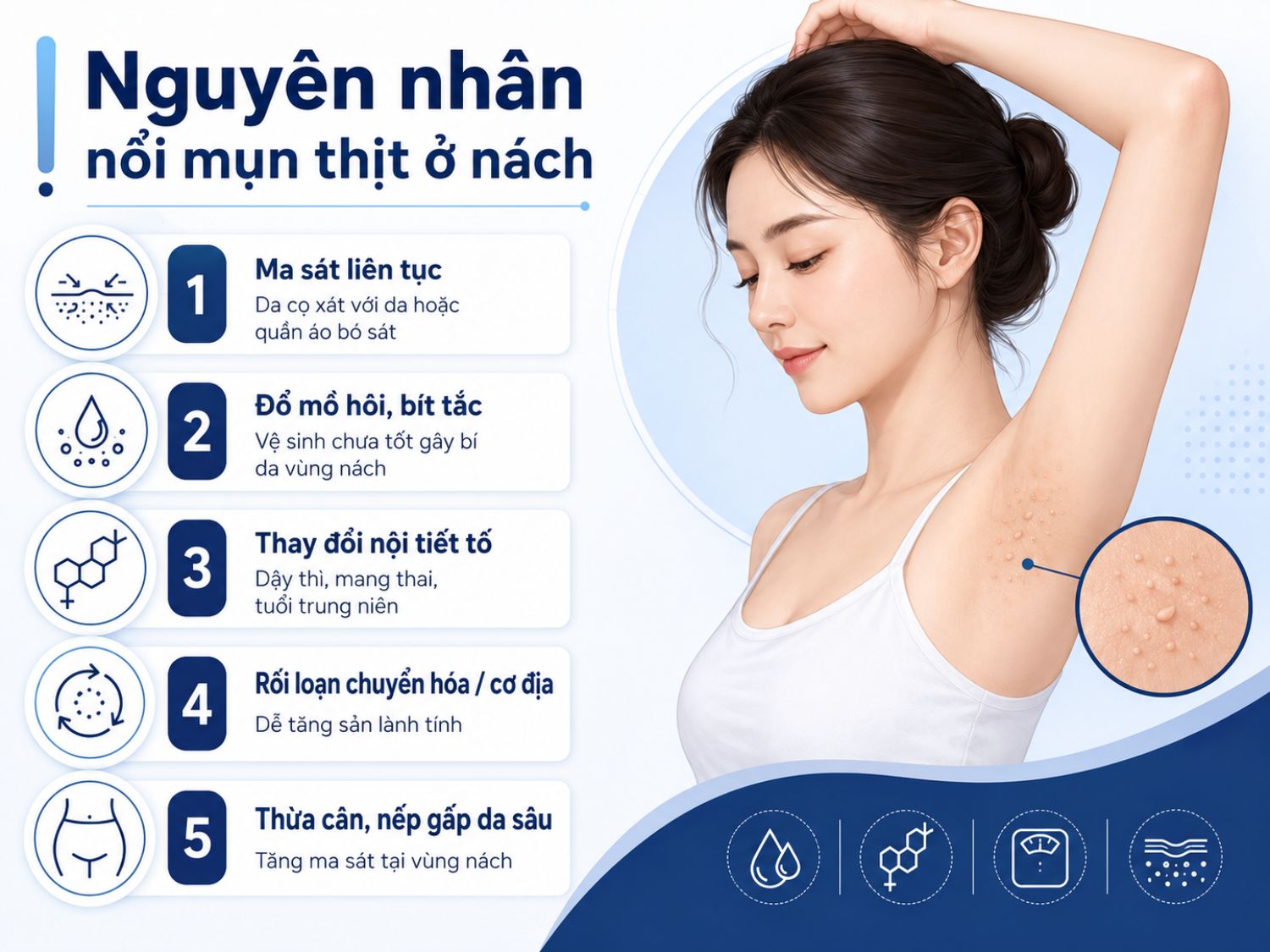 Mụn thịt ở nách xuất hiện do ma sát liên tục, đổ mồ hôi, thay đổi nội tiết tố, rối loạn chuyển hóa