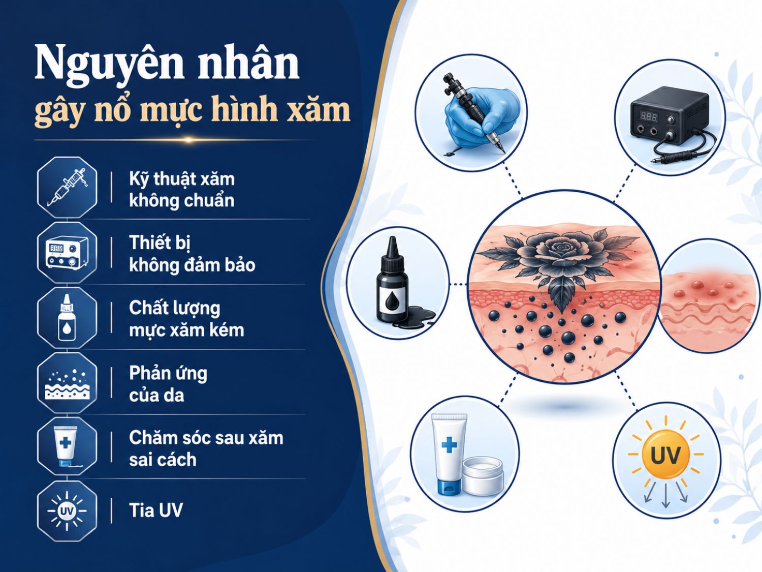 Các nguyên nhân phổ biến khiến hình xăm bị nổ mực gồm kỹ thuật xăm sai, mực xăm kém chất lượng, thiết bị không đảm bảo, chăm sóc sau xăm không đúng và tiếp xúc tia UV.