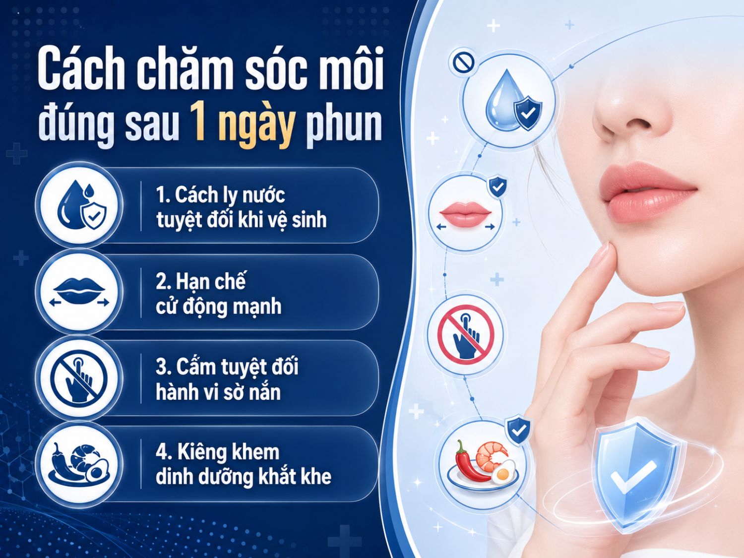 Trong 24 giờ đầu sau phun môi, cần giữ môi khô sạch, hạn chế tác động cơ học và tuân thủ kiêng khem để hỗ trợ quá trình phục hồi, bong vảy và lên màu ổn định.