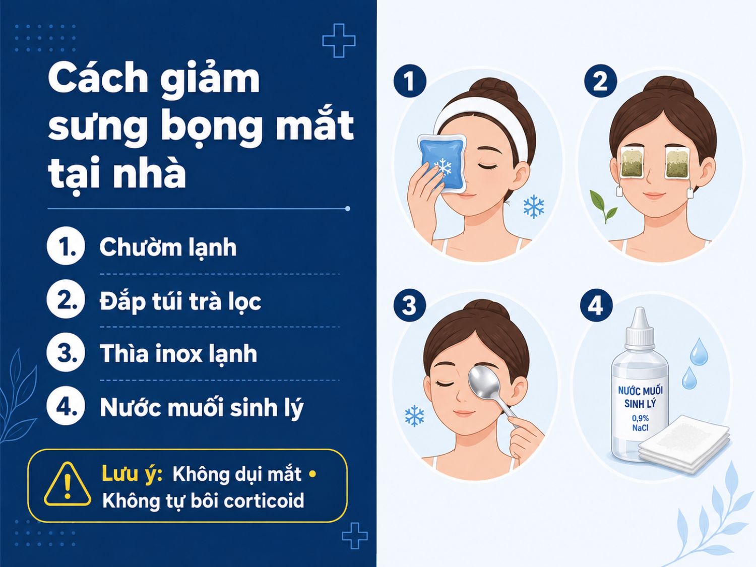Để giảm sưng bọng mắt tại nhà, có thể chườm lạnh, đắp túi trà lọc, dùng mặt lưng thìa inox lạnh và vệ sinh bằng nước muối sinh lý. Lưu ý không dụi mắt và không tự ý bôi thuốc chứa corticoid khi chưa có chỉ định của bác sĩ.