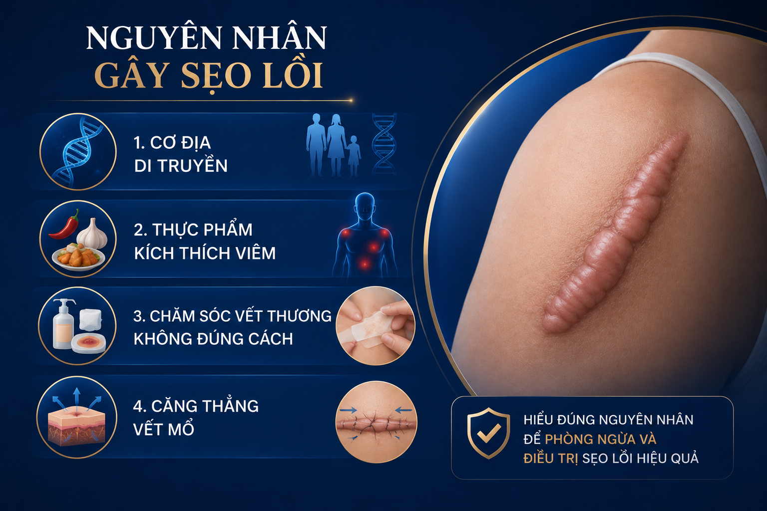 ảnh mô tả ngắn các nguyên nhân gây sẹo lồi gồm cơ địa, thực phẩm, cách chăm sóc và căng thẳng ở vết mổ
