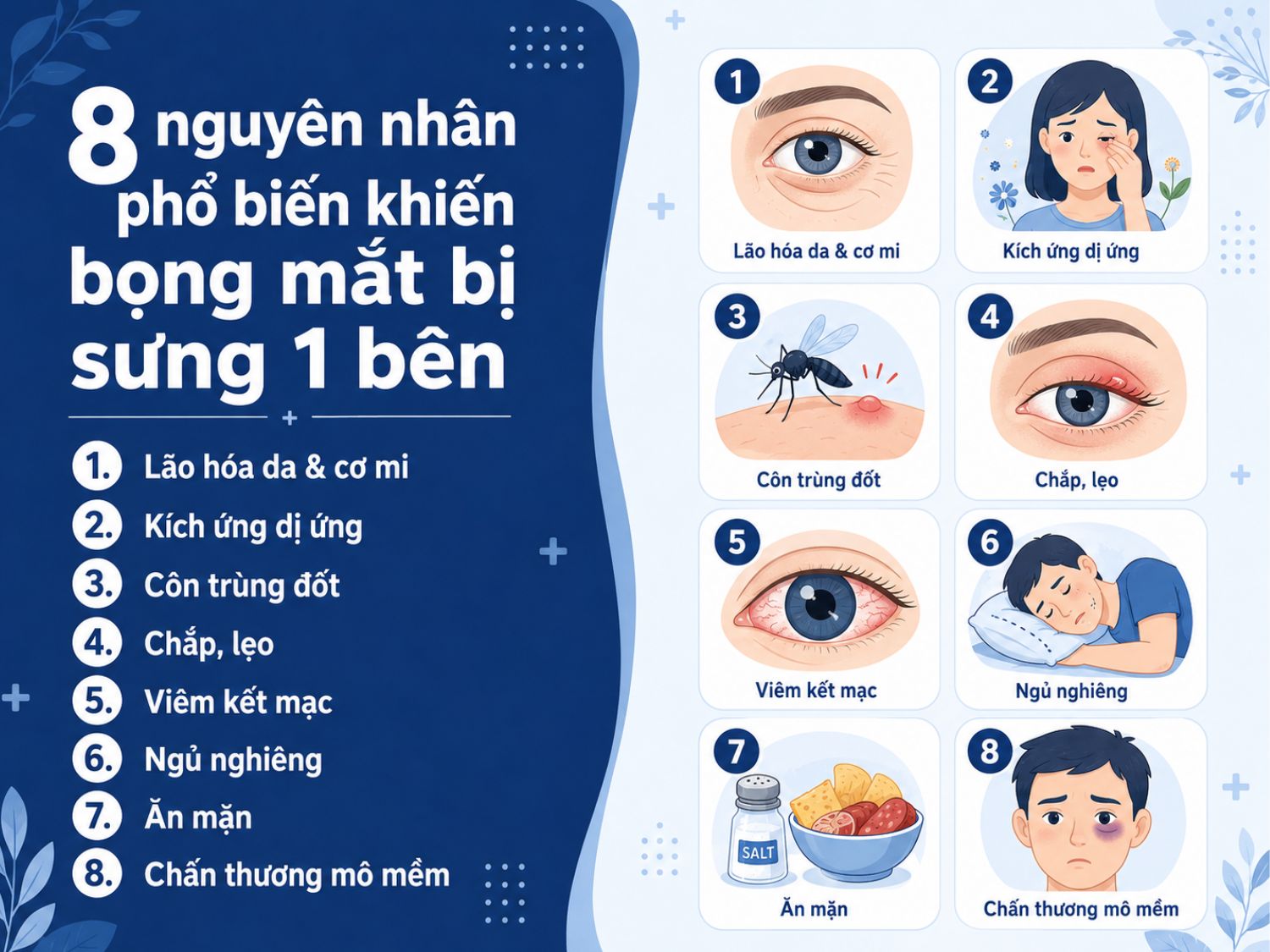 Bọng mắt bị sưng 1 bên có thể xuất phát từ nhiều nguyên nhân khác nhau như lão hóa, kích ứng dị ứng, nhiễm trùng mắt, thói quen ngủ nghiêng, ăn nhiều muối hoặc chấn thương mô mềm quanh mắt.