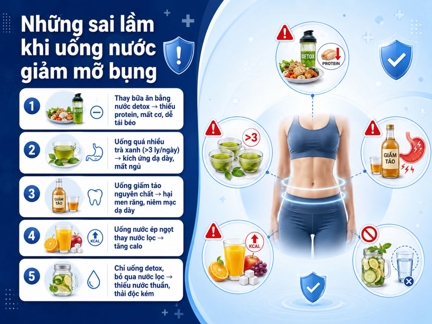 Những sai lầm khi uống nước giảm mỡ bụng cần tránh gồm lạm dụng detox, uống quá nhiều trà xanh, dùng giấm táo nguyên chất, uống nước ép nhiều đường và không uống đủ nước lọc.