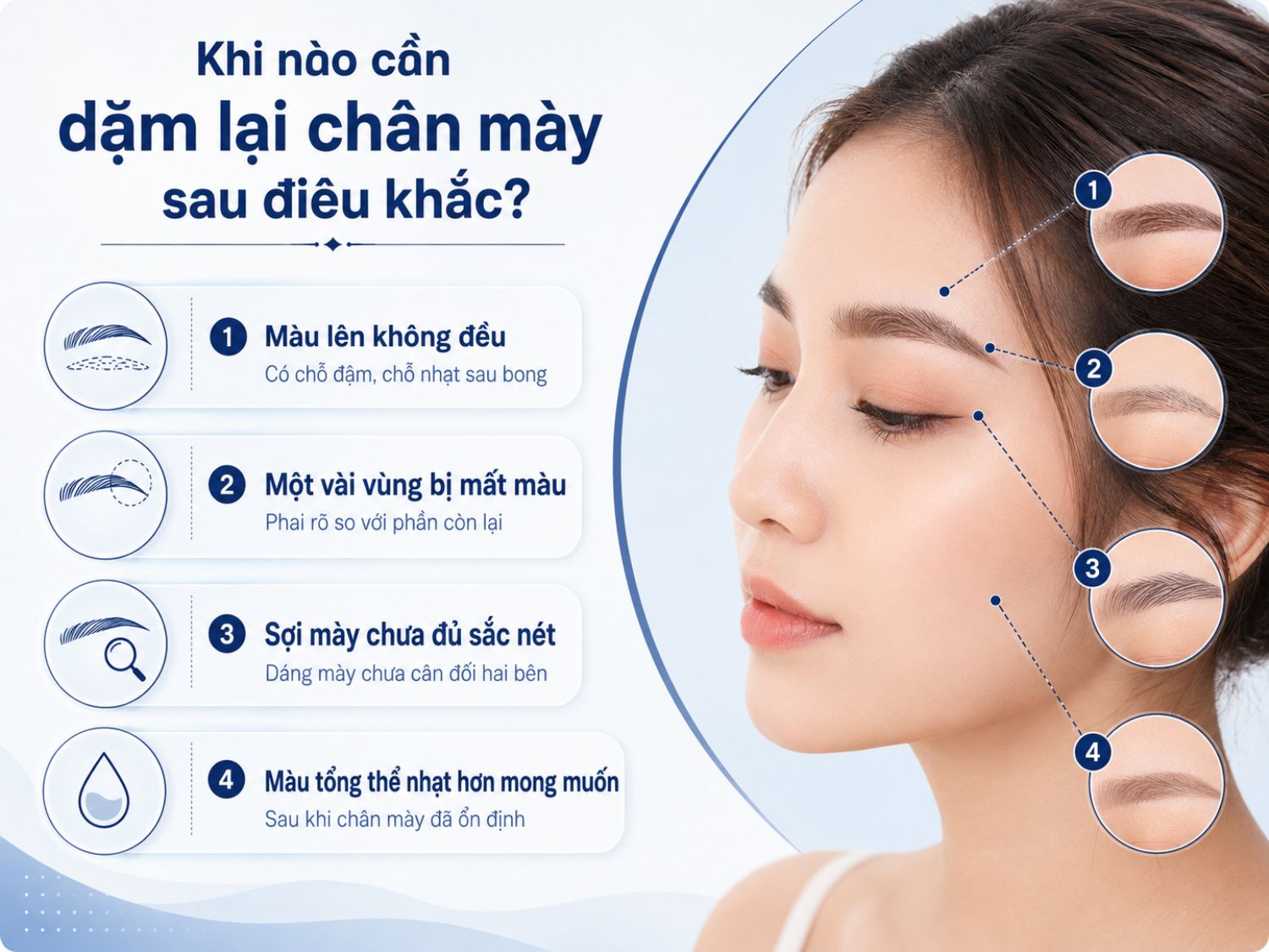 Chân mày nếu lên màu không đều, chưa đủ động sắc nét thì cần dặm lại sau điêu khắc