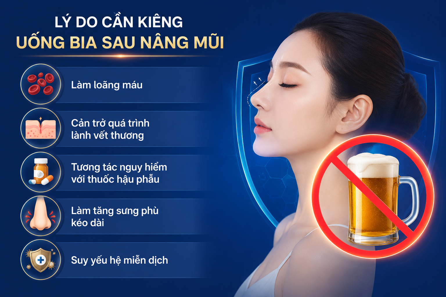 ảnh mô tả lý do cần kiêng bia sau nâng mũi làm loãng máu, cản trở quá trình lành sau nâng mũi, tương tác với thuốc đang dùng, tăng sưng nề và suy yếu hệ miễn dịch