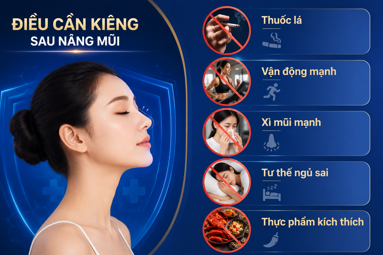 ảnh mô tả điều cần kiêng sau nâng mũi gồm tránh xa thuốc lá, không vận động mạnh, tránh ánh nắng trực tiếp, không xì mũi mạnh, ngủ sai tư thế, tránh đồ ăn cay nóng, hải sản, thực phẩm lên men trong 2 tuần đầu để mũi lành và ổn định