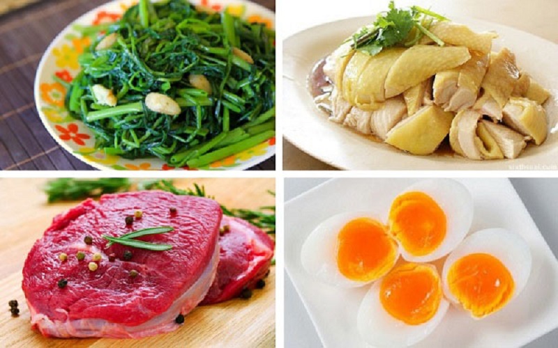 Tránh ăn các thực phẩm khác như thịt bò, trứng, hải sản, rau muống