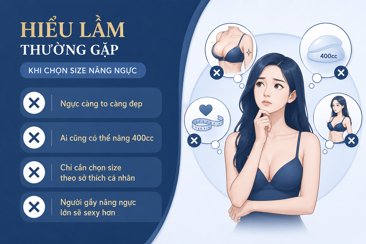 ảnh các Hiểu lầm thường gặp khi chọn size nâng ngực như ngực càng to càng đẹp, ai cũng có thể nâng ngực 400cc và chỉ cần chọn size ngực theo kích thước mong muốn