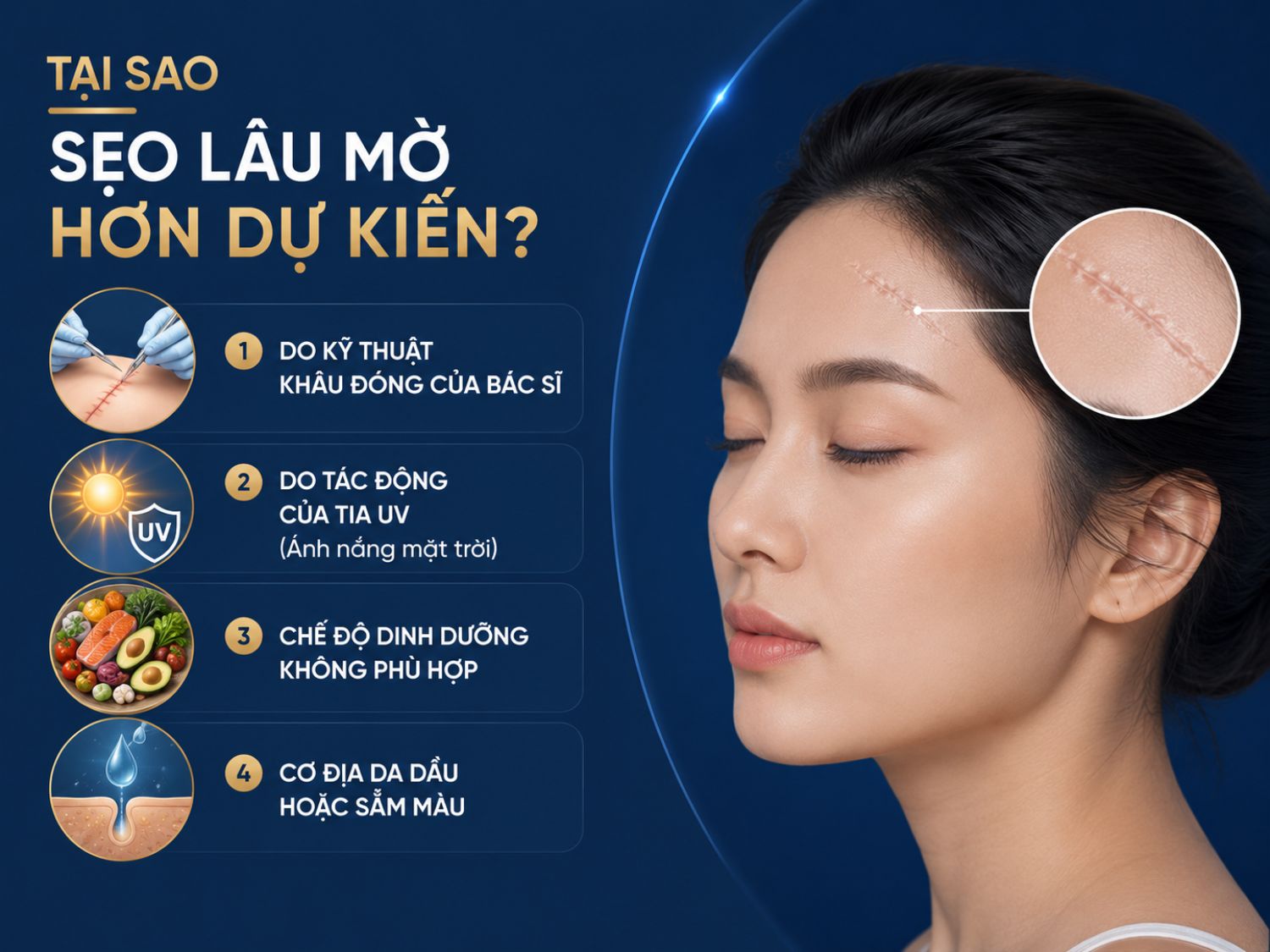 Sẹo lâu mờ có thể liên quan đến kỹ thuật khâu, chăm sóc sau phẫu thuật, tác động ánh nắng hoặc cơ địa tăng sắc tố của từng người.