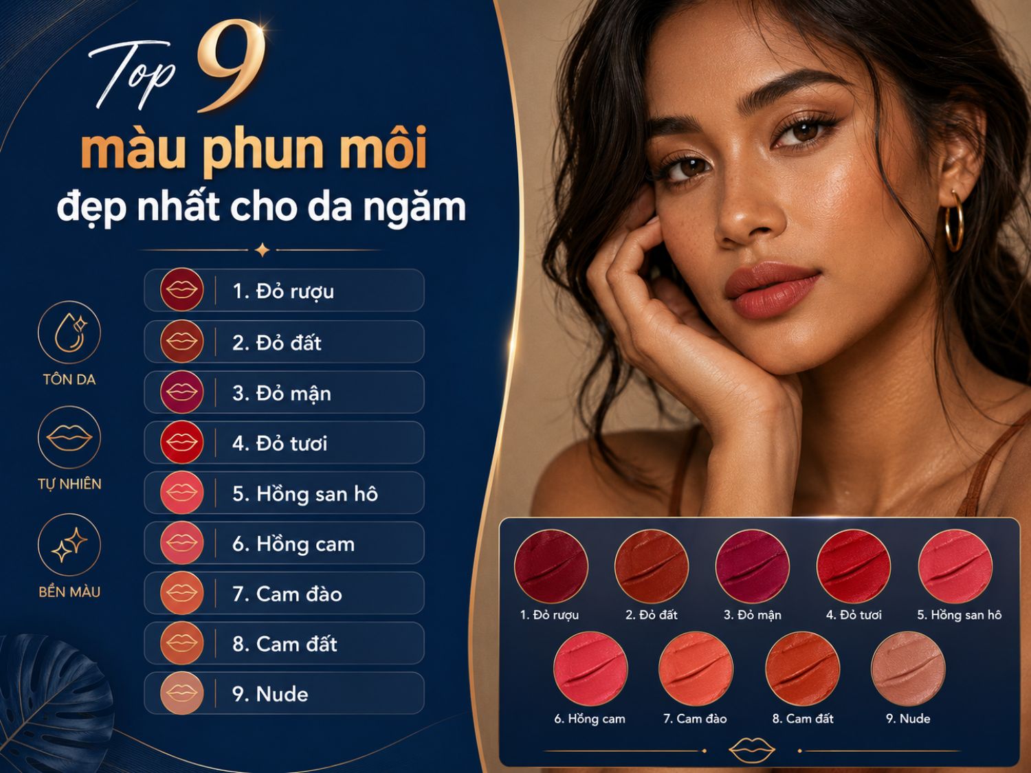 Những gam màu như đỏ đất, đỏ rượu, hồng cam hay cam đất thường được ưa chuộng cho da ngăm vì vừa tôn da, vừa giúp đôi môi trông nổi bật, tự nhiên và có sức sống hơn.