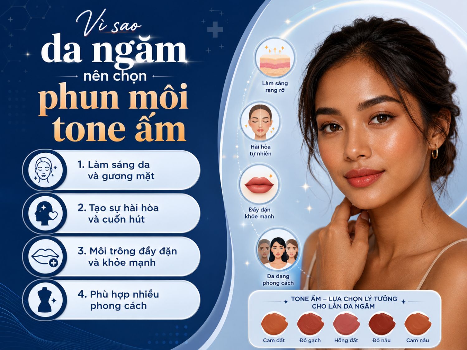 Tone ấm thường là lựa chọn phù hợp cho làn da ngăm vì giúp tổng thể gương mặt hài hòa hơn, tôn sắc da, tạo cảm giác môi tươi tắn và dễ ứng dụng trong nhiều phong cách trang điểm.