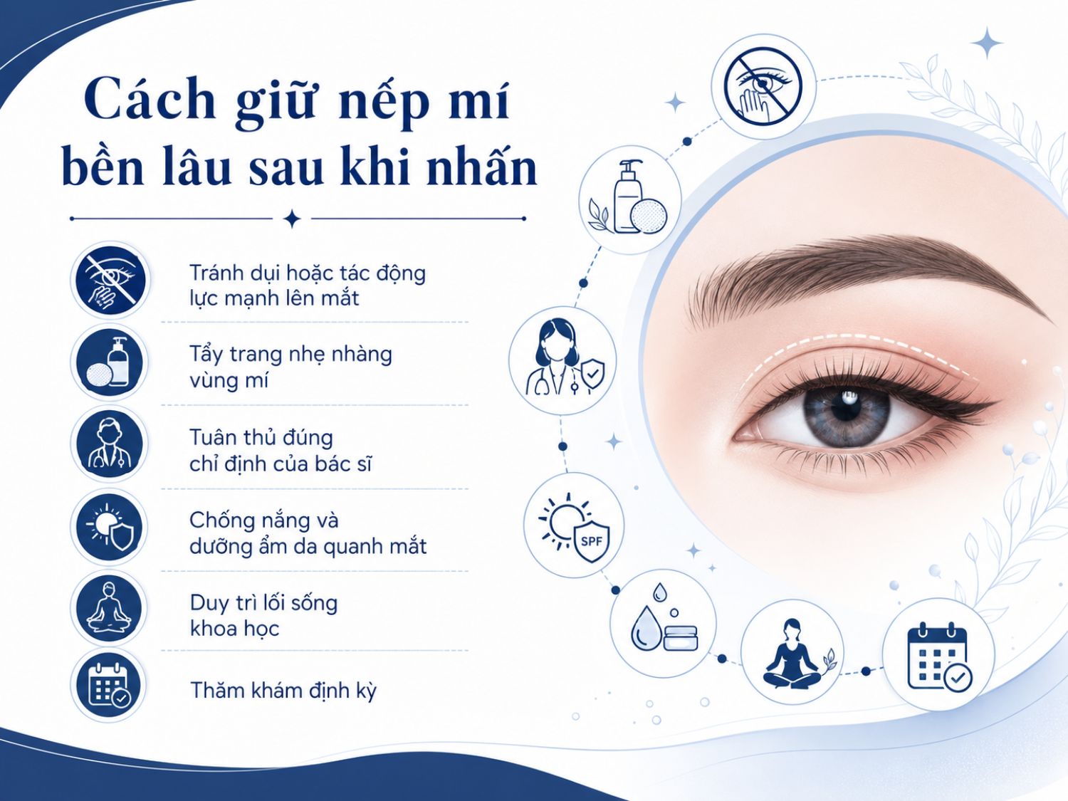 Sau nhấn mí, cần tránh tác động mạnh lên vùng mắt, tẩy trang nhẹ nhàng, chăm sóc da quanh mắt đúng cách và duy trì lối sống lành mạnh. Việc tuân thủ hướng dẫn bác sĩ sẽ hỗ trợ nếp mí giữ form đẹp và bền hơn.