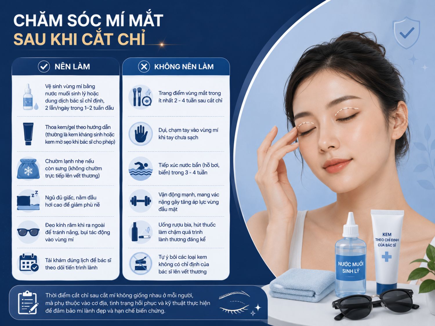 Chăm sóc đúng cách sau cắt chỉ giúp mí mắt hồi phục nhanh, giảm sưng và hạn chế nguy cơ để lại sẹo. Tuân thủ hướng dẫn vệ sinh, nghỉ ngơi và kiêng cữ hợp lý là yếu tố quan trọng để mí lên form đẹp tự nhiên.