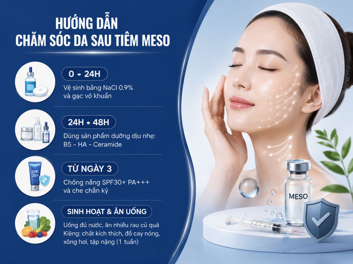 Sau tiêm meso, làn da cần được vệ sinh nhẹ nhàng, phục hồi bằng sản phẩm dịu nhẹ, chống nắng kỹ và tránh các tác nhân gây kích ứng trong tuần đầu để hỗ trợ da ổn định nhanh hơn.
