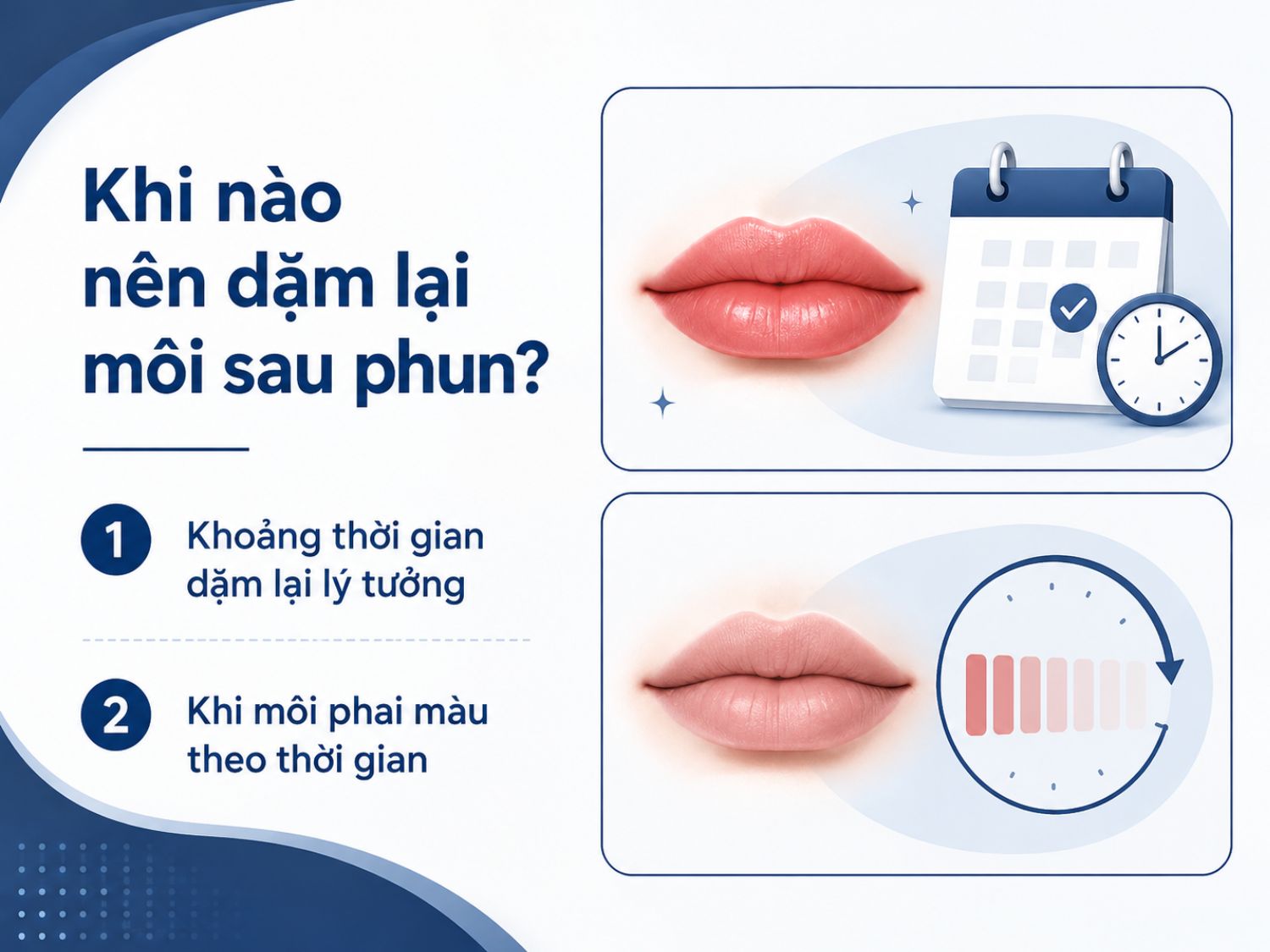 Sau phun môi, thời điểm dặm lại phù hợp thường phụ thuộc vào quá trình lên màu và mức độ phai màu theo thời gian; dặm đúng lúc giúp màu môi đều và ổn định hơn.