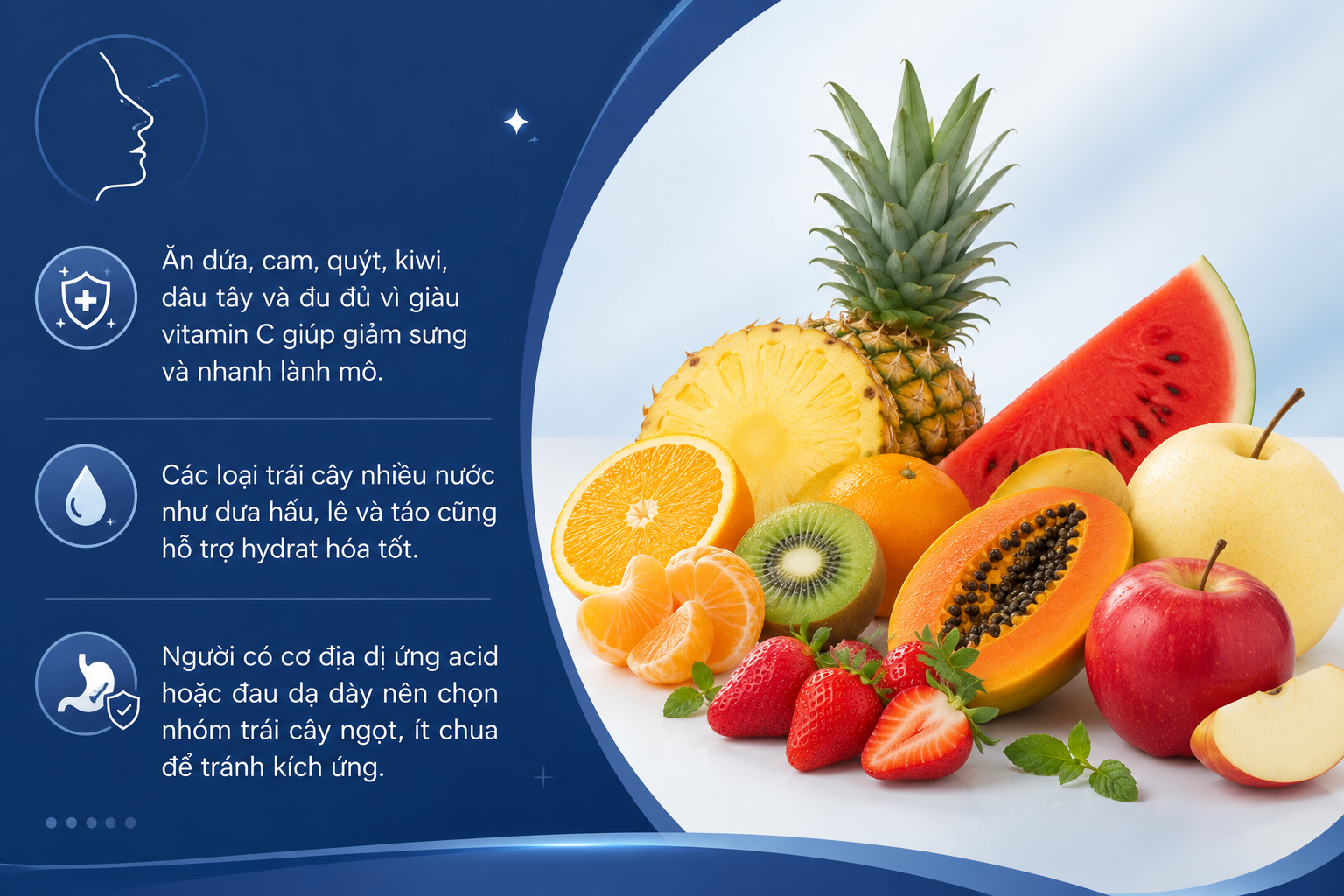 ảnh mô tả các loại quả nên ăn sau nâng mũi là dứa, cam, quýt, kiwi, dâu tây và đu đủ vì giàu vitamin C