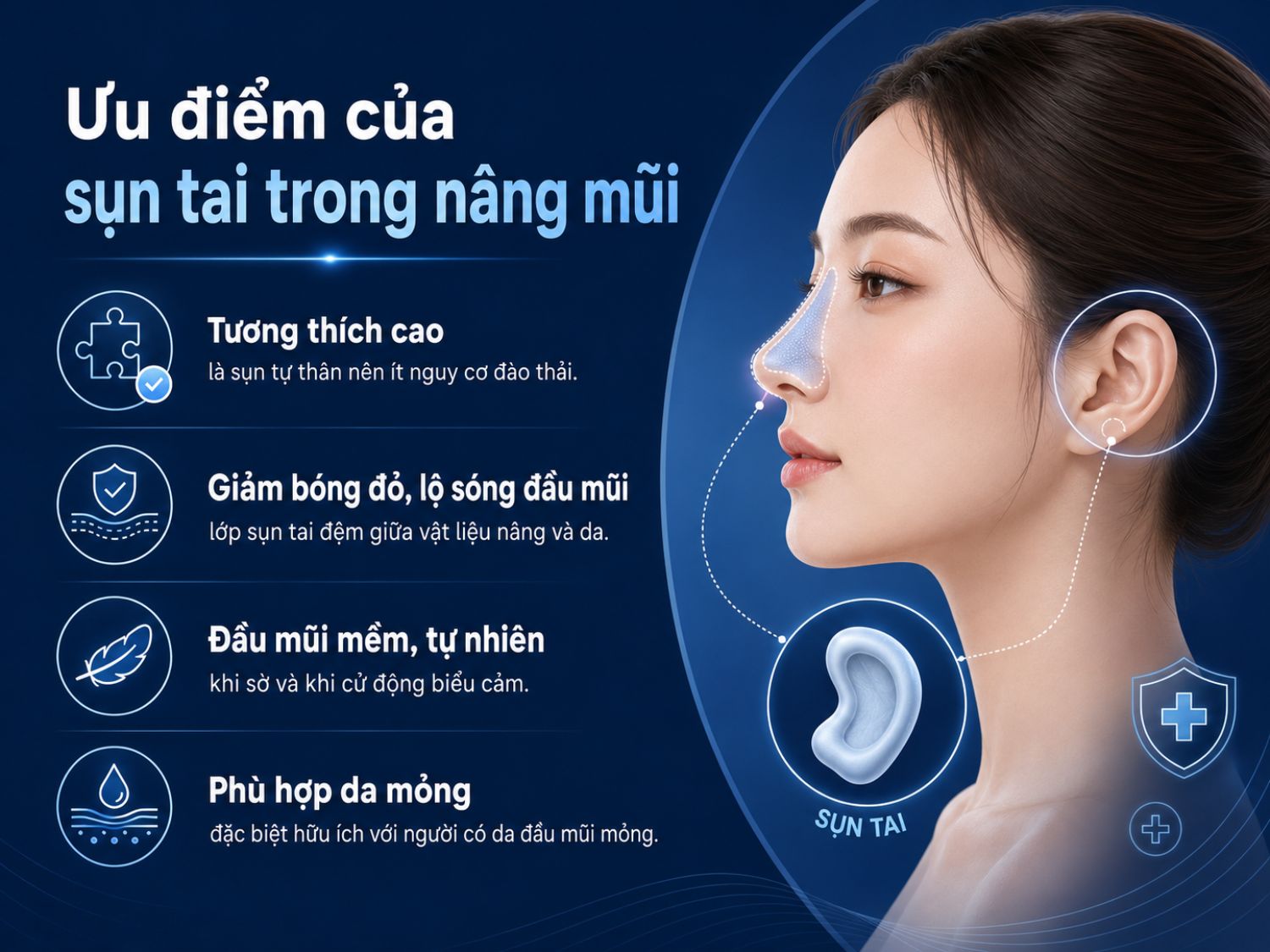 Sụn tai trong nâng mũi giúp đầu mũi mềm mại, tự nhiên và tăng độ tương thích cao với cơ thể.