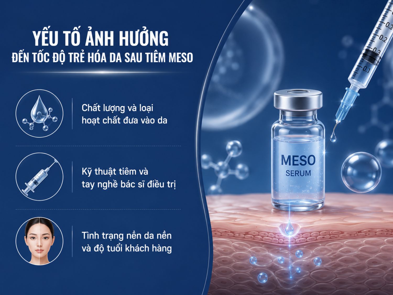 Hiệu quả trẻ hóa sau tiêm meso không giống nhau ở mỗi người, vì còn phụ thuộc vào loại hoạt chất đưa vào da, tay nghề bác sĩ thực hiện và nền da ban đầu của khách hàng.