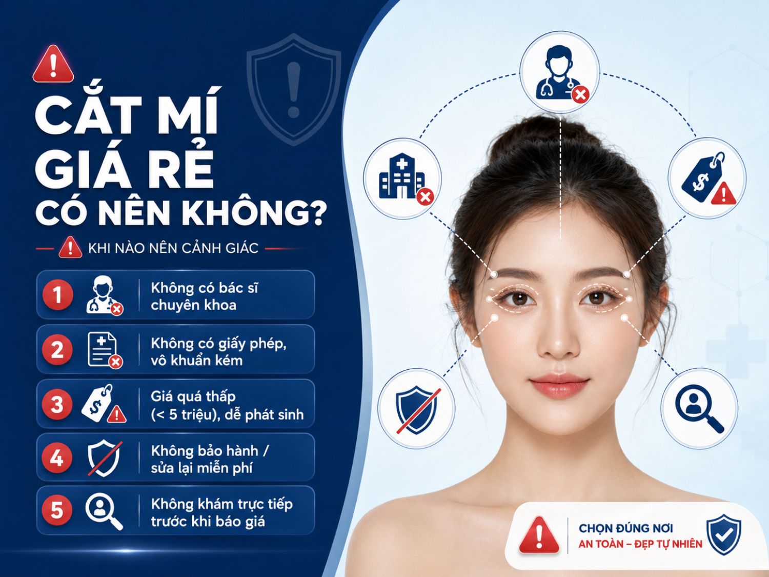 Cắt mí giá rẻ có thể tiềm ẩn nhiều rủi ro nếu không có bác sĩ chuyên khoa, cơ sở không được cấp phép hoặc không đảm bảo vô khuẩn.