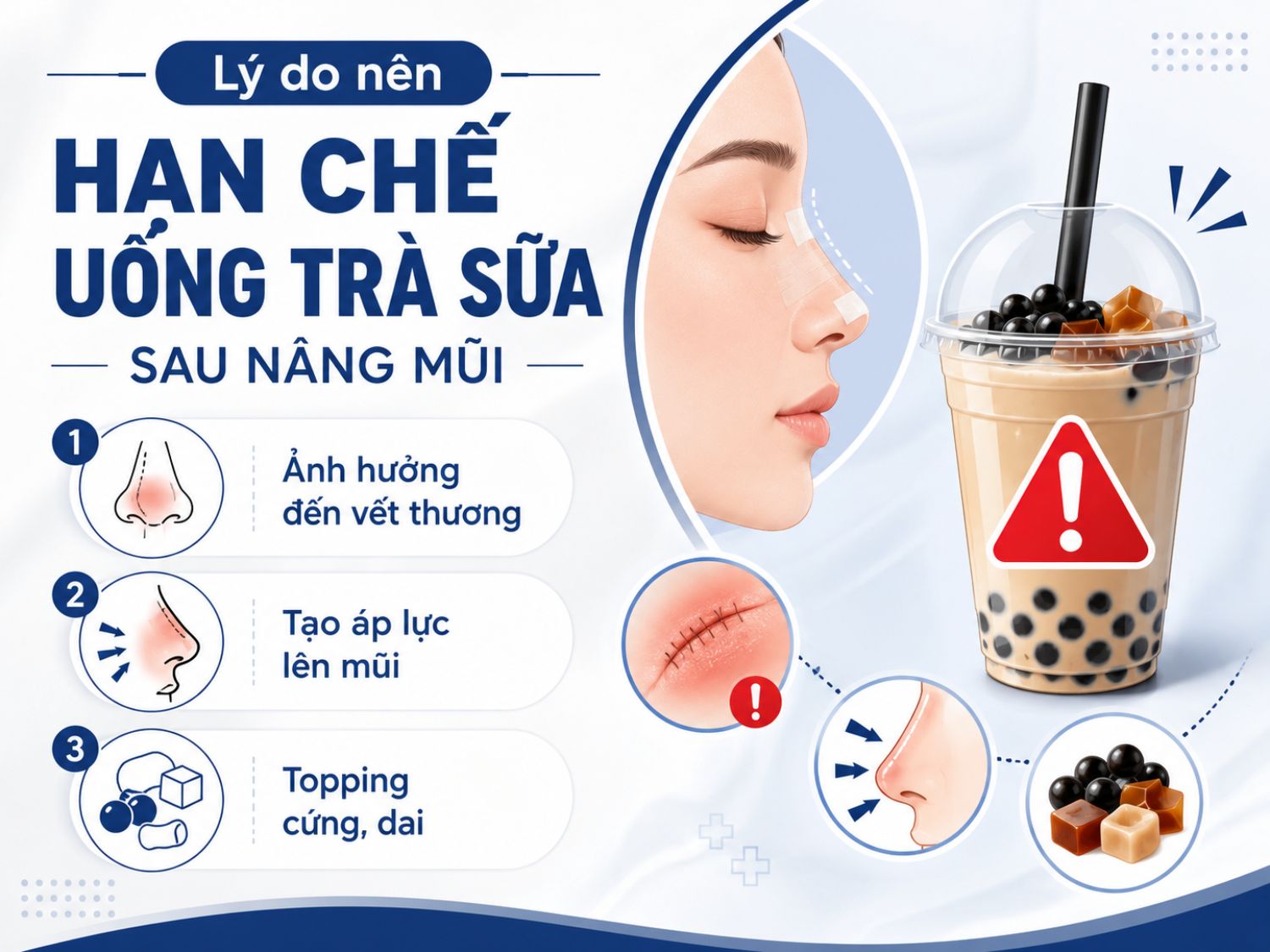Sau nâng mũi, khách hàng nên hạn chế uống trà sữa, đặc biệt là các loại có topping cứng hoặc dai, vì có thể ảnh hưởng đến vùng mũi đang hồi phục. Việc ăn uống nhẹ nhàng và tránh tác động không cần thiết sẽ giúp mũi ổn định tốt hơn.
