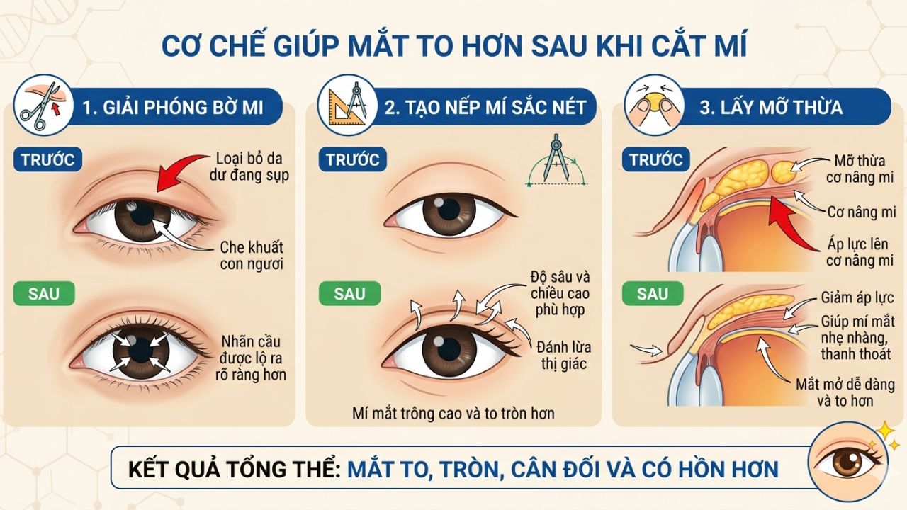 Hình ảnh mô phỏng 3 bước cắt mí mắt: 1. Loại bỏ da chùng sụp che khuất con ngươi. 2. Định hình nếp mí đôi sâu và cân đối. 3. Bóc tách túi mỡ thừa mí trên. So sánh trước và sau phẫu thuật.
