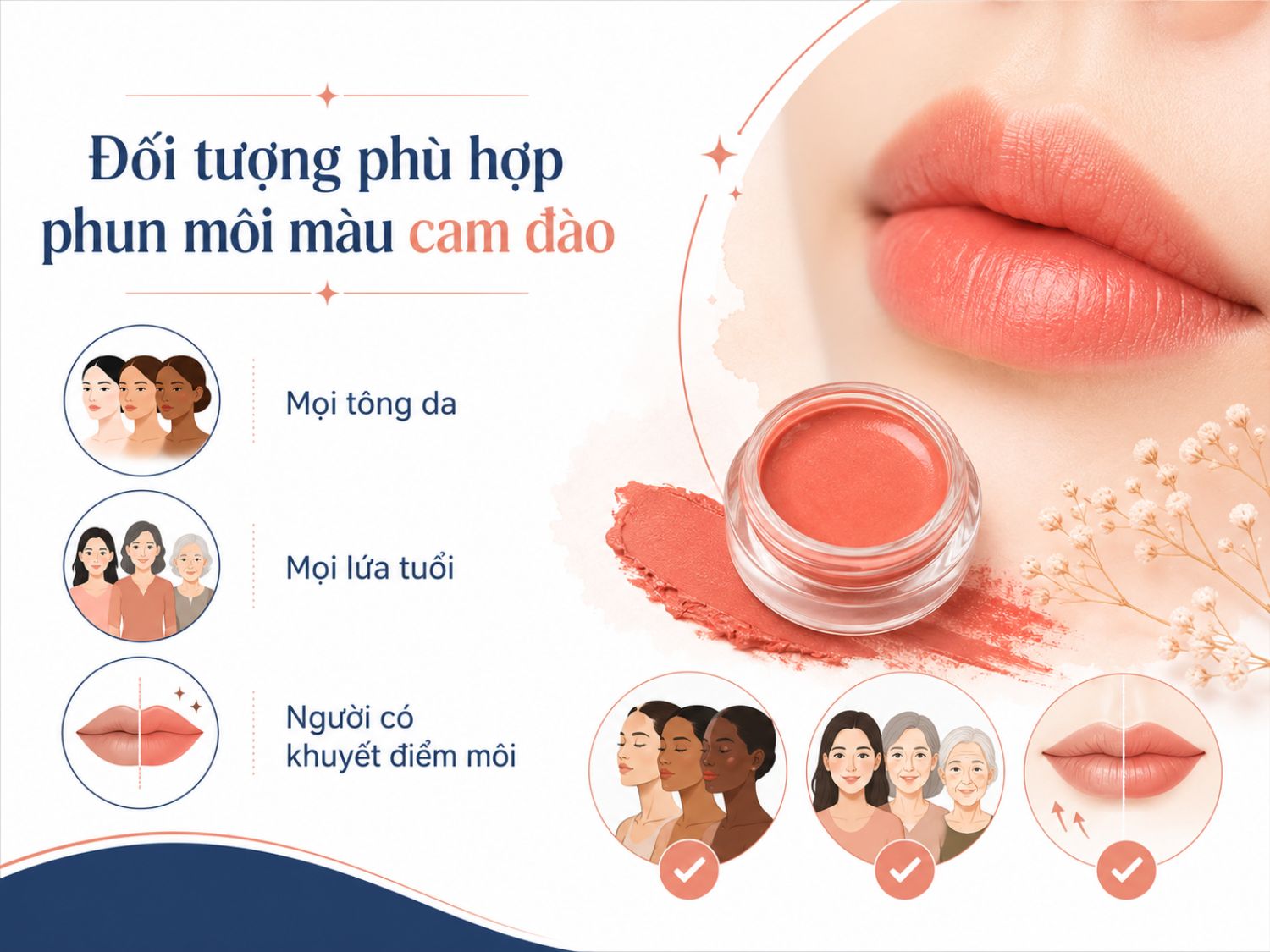 Phun môi màu cam đào phù hợp với nhiều tông da và độ tuổi nhờ sắc màu mềm mại, dễ hài hòa với gương mặt. Đây cũng là lựa chọn phù hợp cho người có môi nhợt, xỉn màu hoặc muốn cải thiện vẻ tươi tắn tự nhiên.