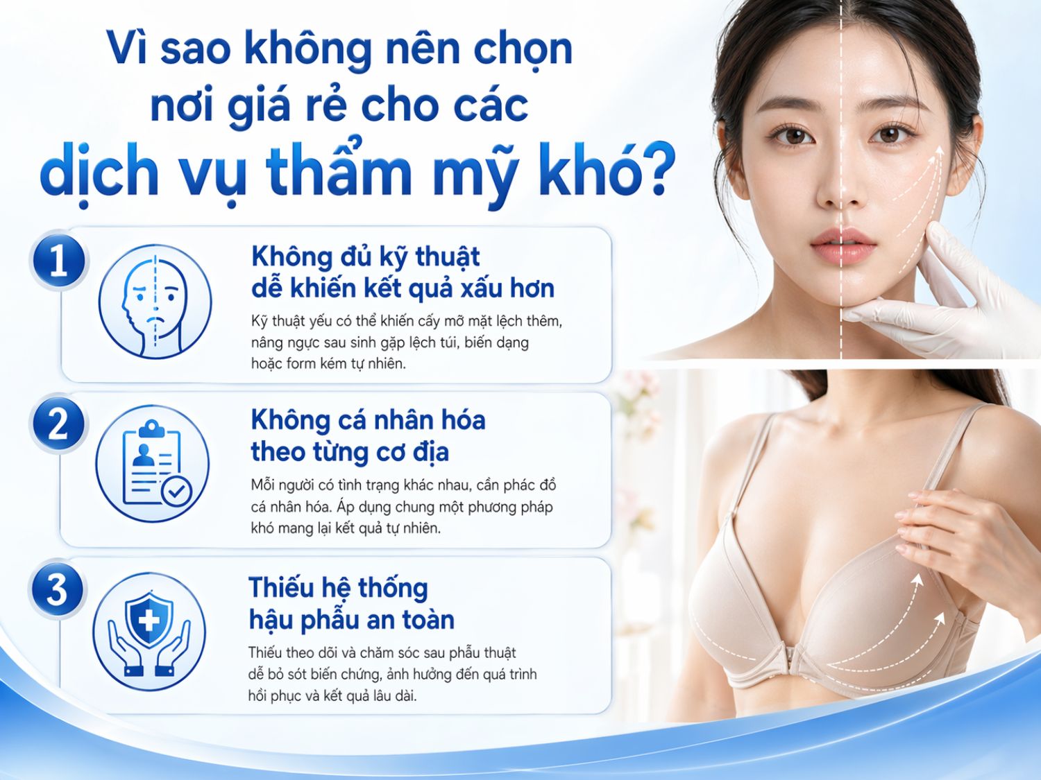 Với các ca khó như cấy mỡ mặt lệch hay nâng ngực sau sinh, yếu tố quan trọng nhất là tay nghề bác sĩ, phác đồ cá nhân hóa và hệ thống hậu phẫu. Chọn sai ngay từ đầu có thể khiến kết quả kém tự nhiên, thậm chí phải sửa lại nhiều lần.