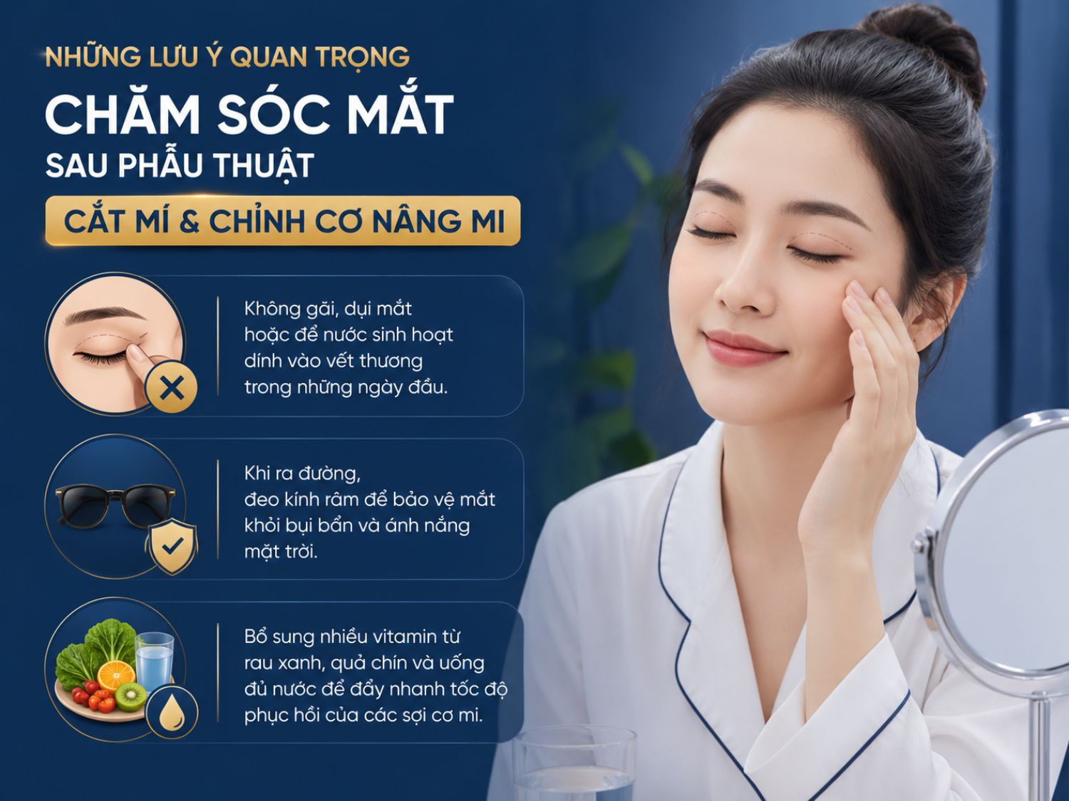 Chăm sóc đúng cách sau cắt mí và chỉnh cơ nâng mi giúp giảm nguy cơ biến chứng, bảo vệ vết thương và hỗ trợ quá trình hồi phục diễn ra nhanh chóng, an toàn hơn.
