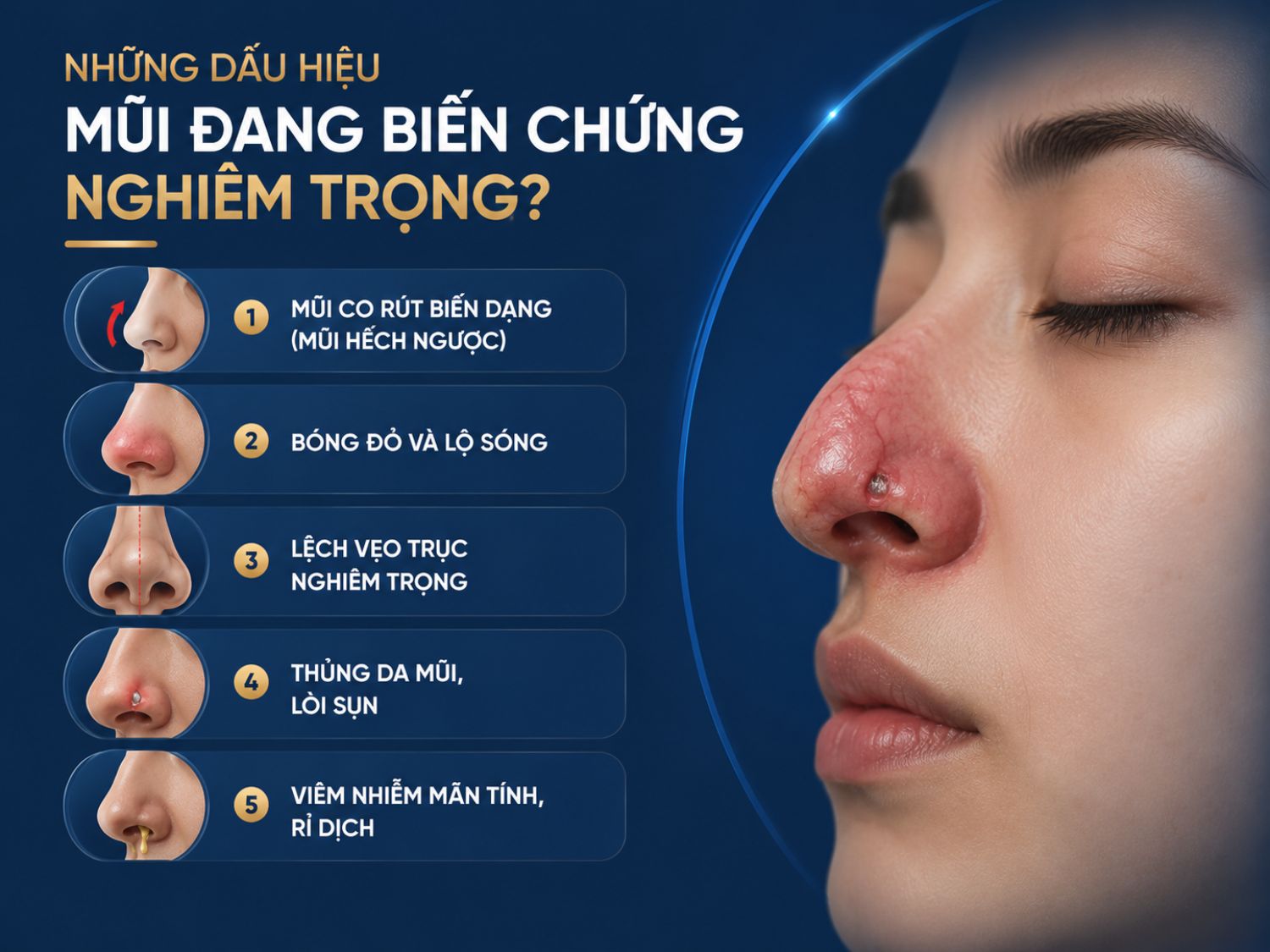Các dấu hiệu như mũi co rút, lộ sóng, thủng da hay rỉ dịch kéo dài có thể là cảnh báo biến chứng nghiêm trọng sau nâng mũi và cần được thăm khám sớm.