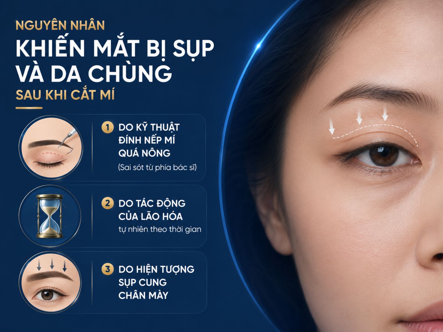Mắt bị sụp hoặc da chùng sau cắt mí không phải lúc nào cũng do phẫu thuật thất bại. Nguyên nhân có thể đến từ kỹ thuật tạo nếp mí chưa phù hợp, quá trình lão hóa tự nhiên hoặc hiện tượng sa trễ cung chân mày theo thời gian.