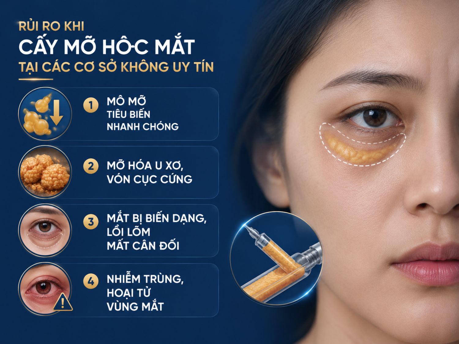 Cấy mỡ hốc mắt đòi hỏi kỹ thuật xử lý và cấy ghép chính xác. Thực hiện tại cơ sở không đủ chuyên môn có thể làm tăng nguy cơ mỡ tiêu biến, vón cục, mất cân đối vùng mắt hoặc biến chứng nhiễm trùng nghiêm trọng.