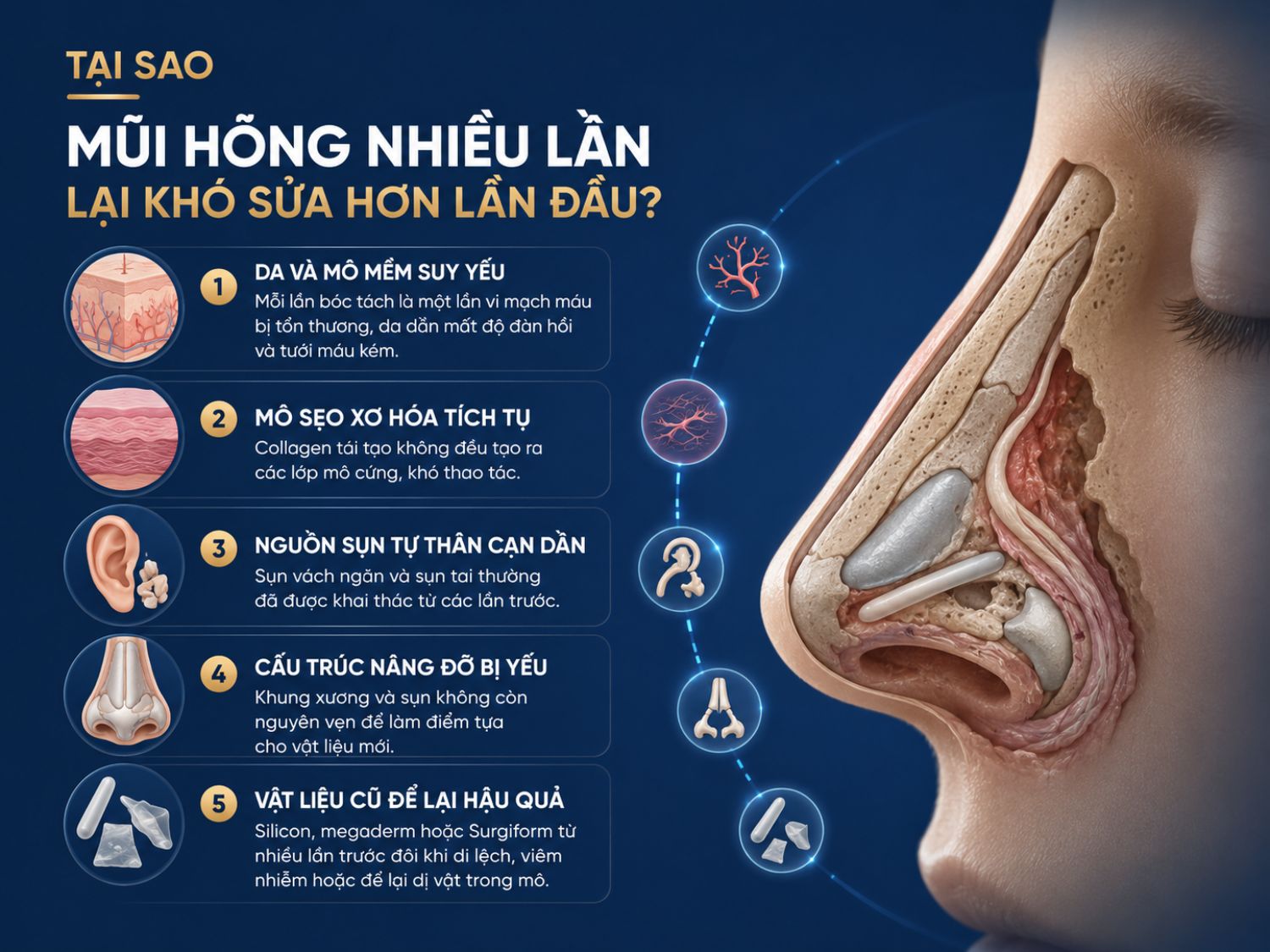 Sau nhiều lần sửa mũi, mô mềm và cấu trúc nâng đỡ dần suy yếu, mô sẹo xơ hóa tích tụ và nguồn sụn tự thân cạn dần khiến quá trình tái phẫu thuật trở nên phức tạp hơn.
