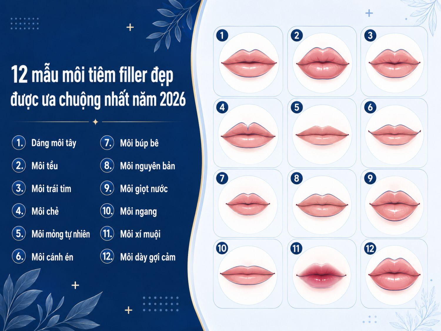 Các dáng môi tiêm filler được ưa chuộng năm 2026 tập trung vào sự hài hòa khuôn mặt, độ đầy vừa phải và đường viền môi tự nhiên. Việc chọn dáng môi nên dựa trên nền môi bẩm sinh, tỷ lệ môi trên – môi dưới và phong cách cá nhân.