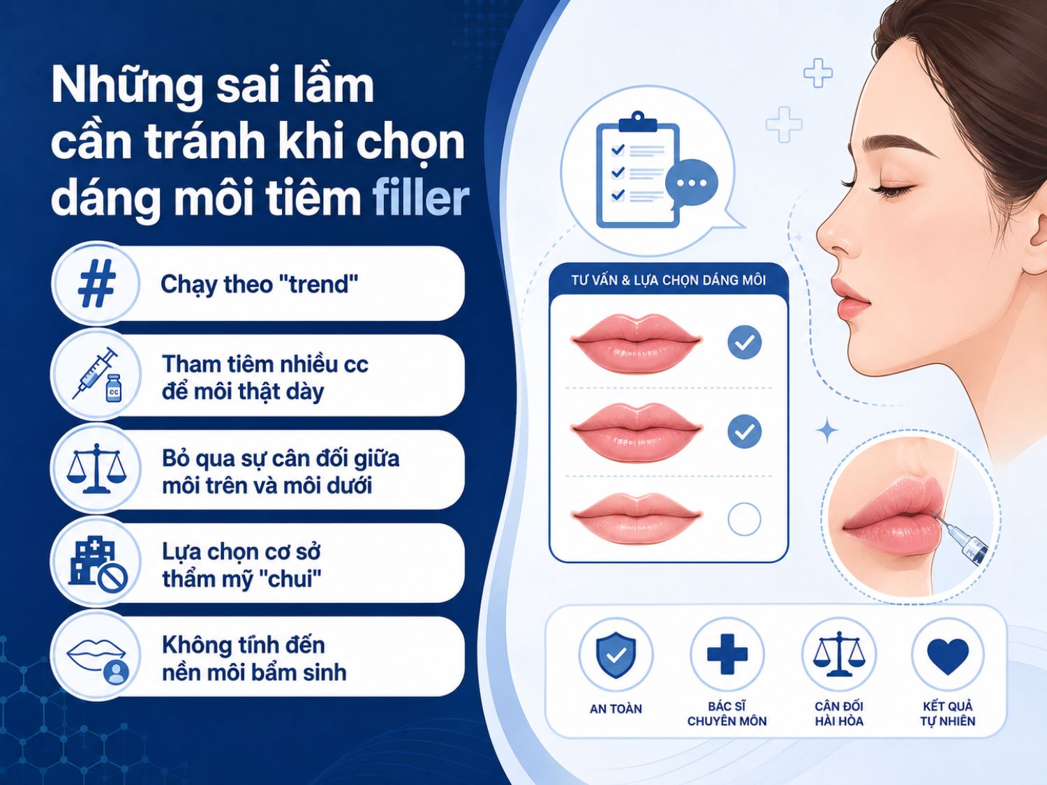 Chú thích ảnh:Khi chọn dáng môi tiêm filler, không nên chạy theo trend hoặc tiêm quá nhiều cc mà bỏ qua sự cân đối tổng thể. Cần đánh giá nền môi bẩm sinh, tỷ lệ môi và lựa chọn cơ sở thẩm mỹ uy tín để đảm bảo an toàn.