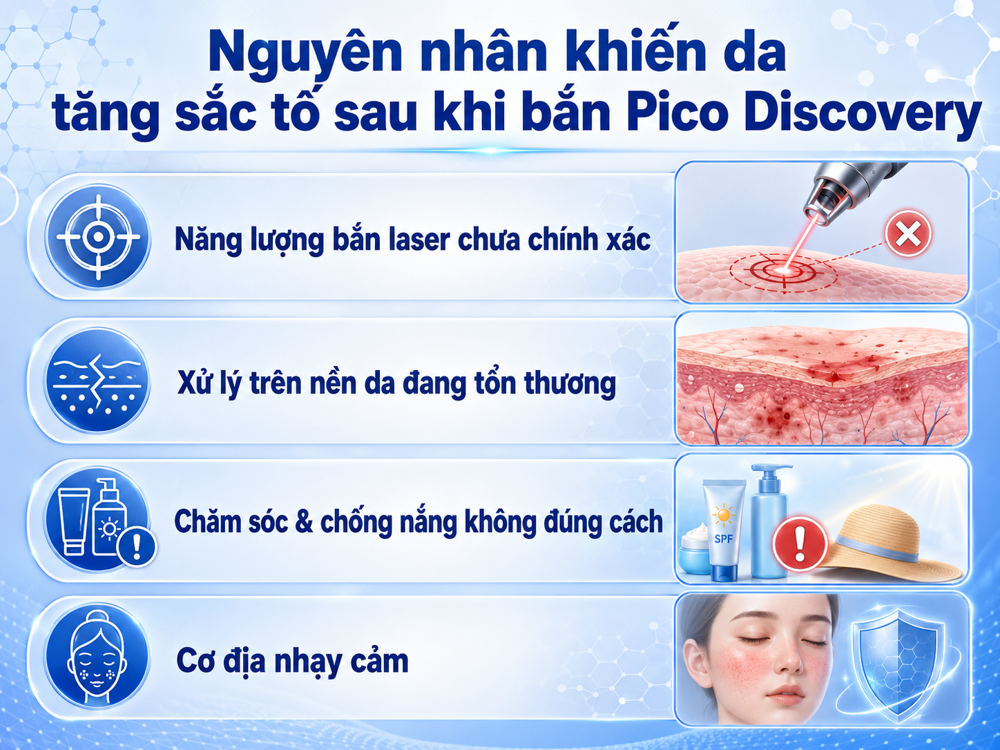 ảnh tổng hợp các Nguyên nhân khiến da có thể bị tăng sắc tố sau khi bắn Pico Discovery