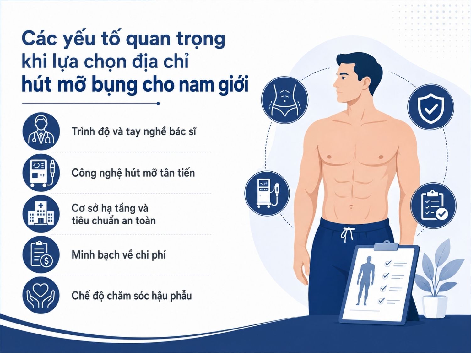Khi lựa chọn địa chỉ hút mỡ bụng cho nam giới, khách hàng nên quan tâm đến tay nghề bác sĩ, công nghệ áp dụng, tiêu chuẩn an toàn của cơ sở, mức chi phí rõ ràng và chế độ chăm sóc sau phẫu thuật để đảm bảo hiệu quả và hạn chế rủi ro.