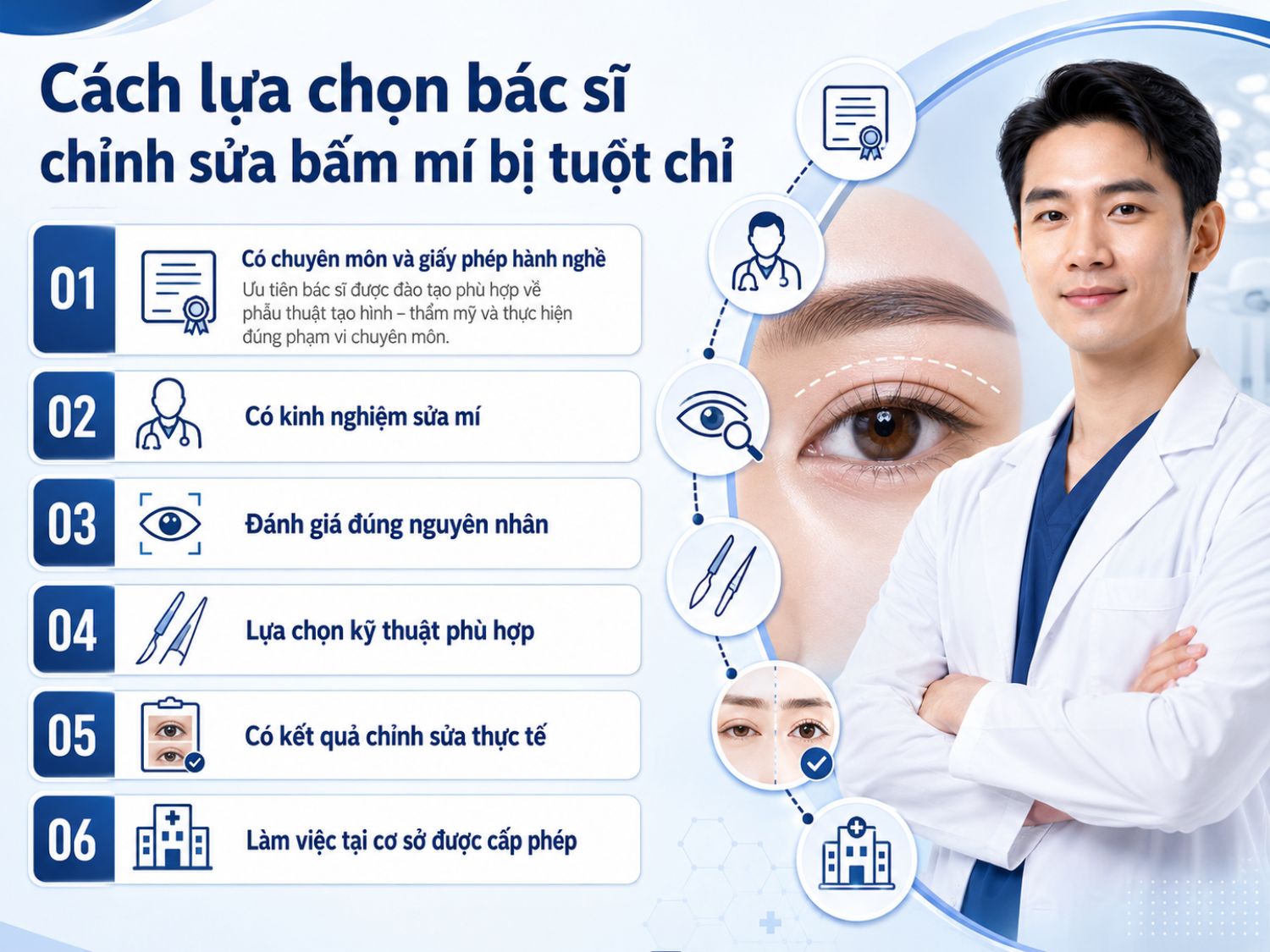 6 tiêu chí giúp lựa chọn bác sĩ chỉnh sửa bấm mí bị tuột chỉ an toàn và phù hợp gồm chuyên môn – giấy phép hành nghề, kinh nghiệm sửa mí, khả năng đánh giá nguyên nhân, lựa chọn kỹ thuật phù hợp, có kết quả chỉnh sửa thực tế và làm việc tại cơ sở được cấp phép.