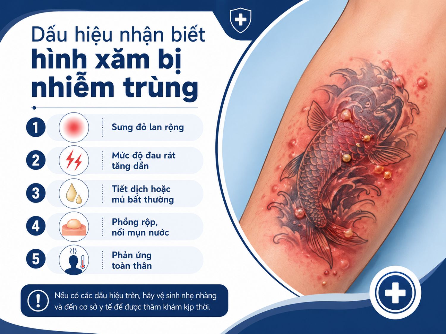 Hình xăm bị nhiễm trùng thường có biểu hiện sưng đỏ lan rộng, đau tăng dần, chảy dịch hoặc mủ, kèm phồng rộp hoặc phản ứng toàn thân. Khi xuất hiện các dấu hiệu này, cần vệ sinh đúng cách và đi khám sớm để được xử trí kịp thời.
