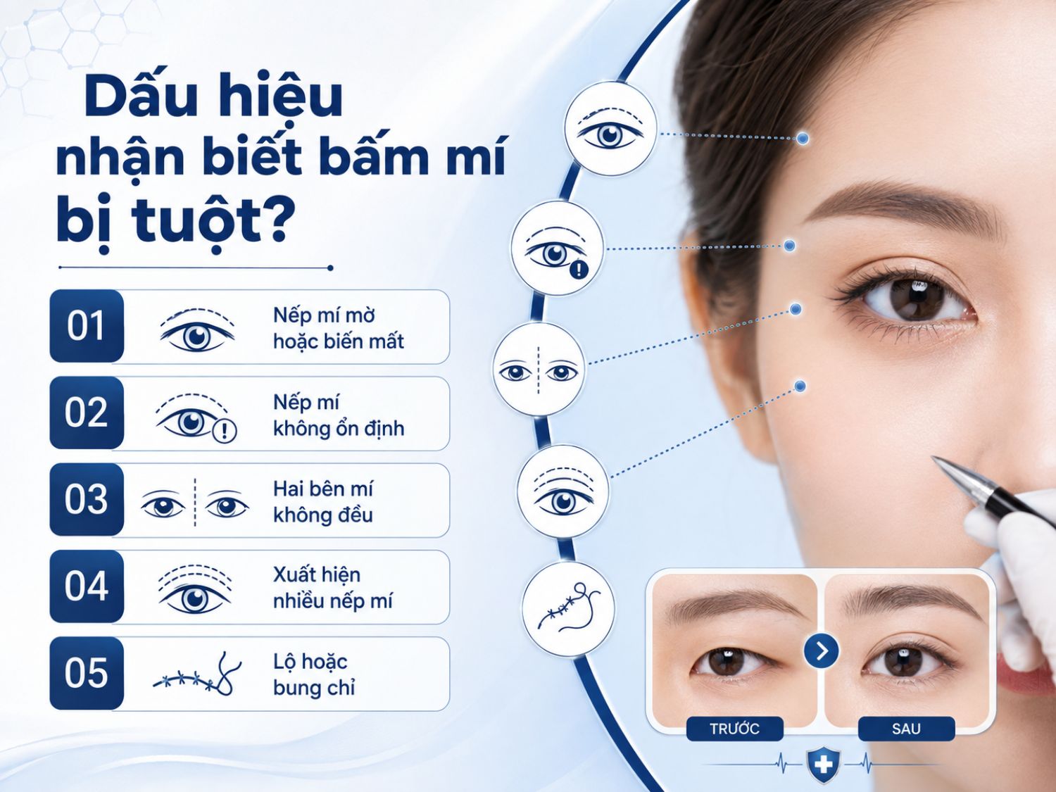 5 dấu hiệu thường gặp khi bấm mí bị tuột gồm nếp mí mờ hoặc biến mất, nếp mí không ổn định, hai bên mí không đều, xuất hiện nhiều nếp mí và tình trạng lộ hoặc bung chỉ.